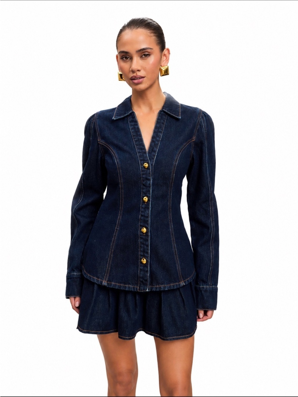 MESHKI “Hilary” Indigo Blue Fitted Corset Seam Gold Button Denim Top Small EUC!